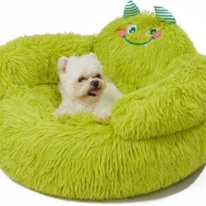 Cute Calming Dog And Cat Bed Indoor High Bolster Donut Dog Beds Comfortable Plush Cuddler Dog Be Size For Small Dogs And Cats Cute Cartoon Soft Bed Green